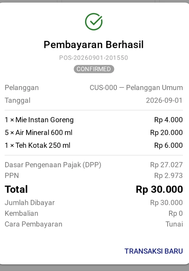 Struk pembayaran berhasil: rincian tiga barang, Dasar Pengenaan Pajak, PPN, total Rp 30.000, dan cara pembayaran tunai.